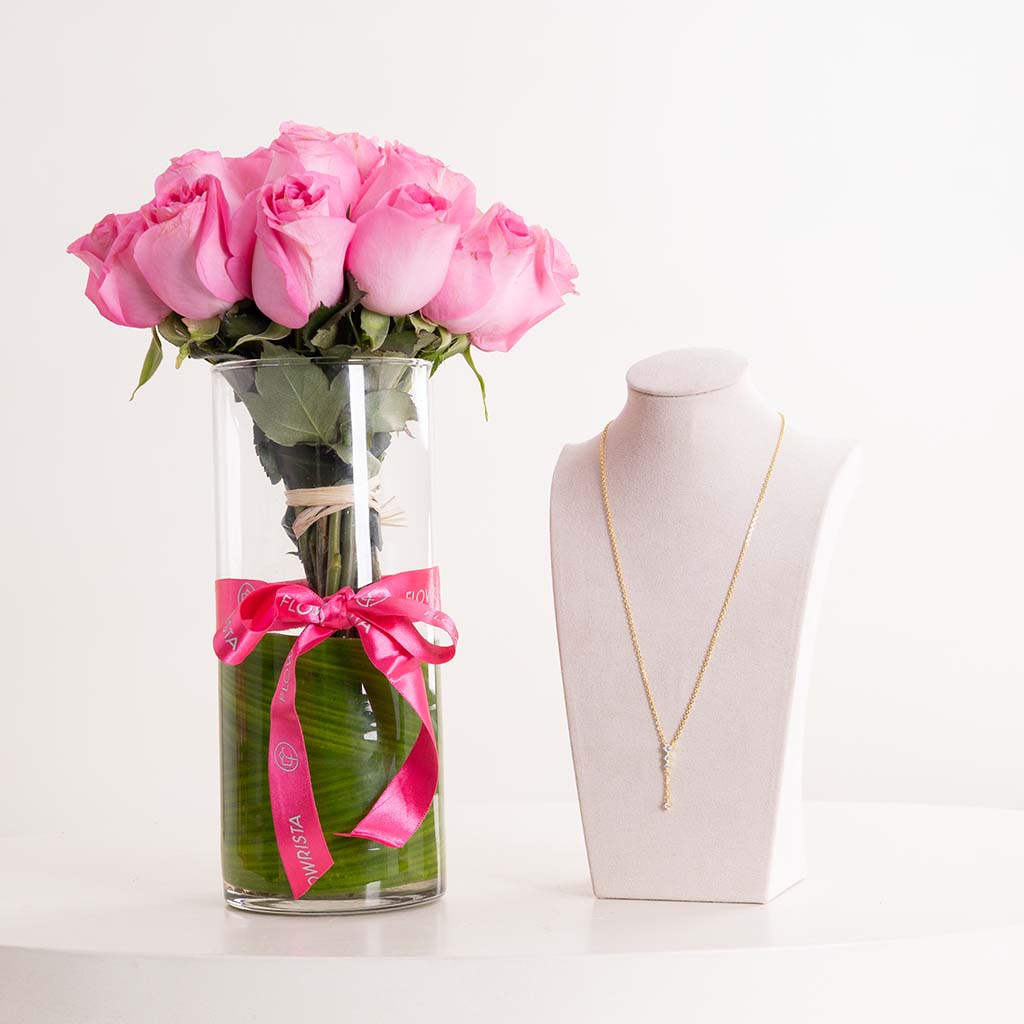 Markiz Gold-Plated Zircon Necklace & Pink Roses Vase