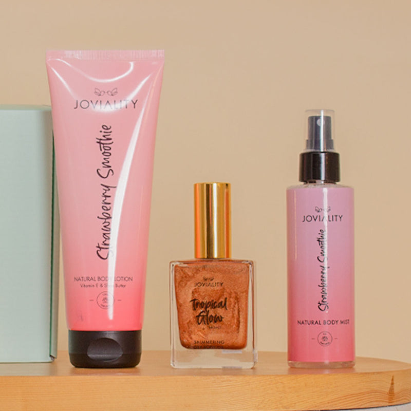 Joviality Strawberry Body Care Set with 20 Red Roses Hand Bouquet