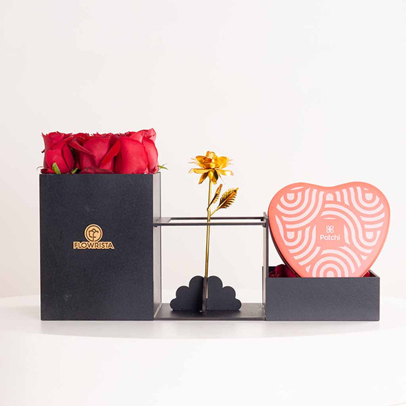 Patchi Tin Box of 22 Pieces and 9 red roses