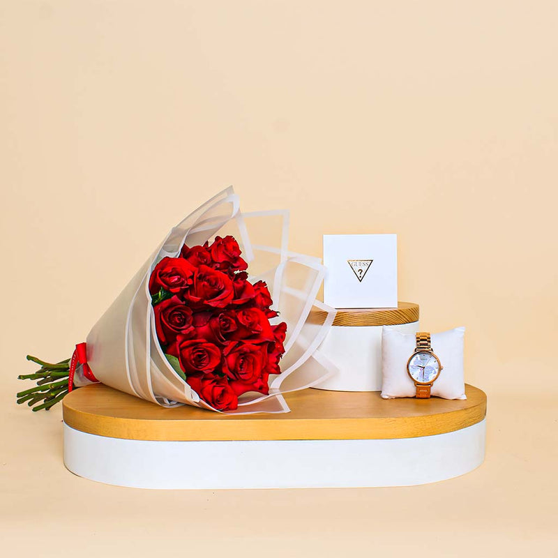 Guess Women’s Watch And 15 Romantic Bouquet