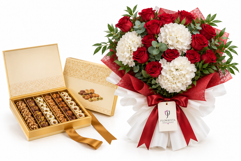 Le Shamiat Chocolate Box with Flowrista Red and White Bouquet