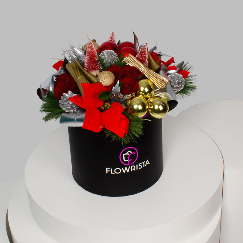 New Year Roses Gift Box with Festive Ornaments