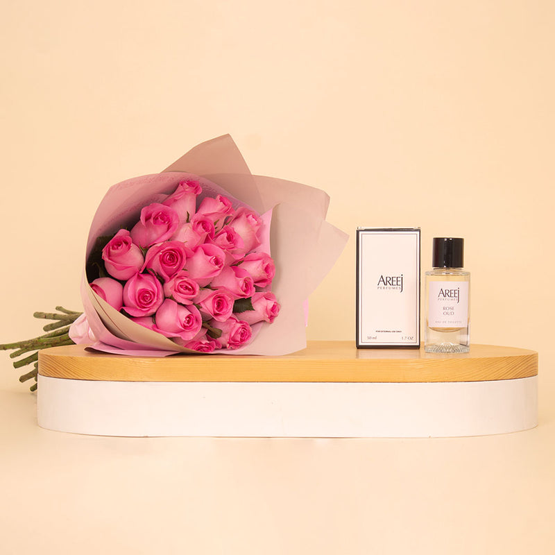 Areej Rose Oud with 20 pink Roses Bouquet