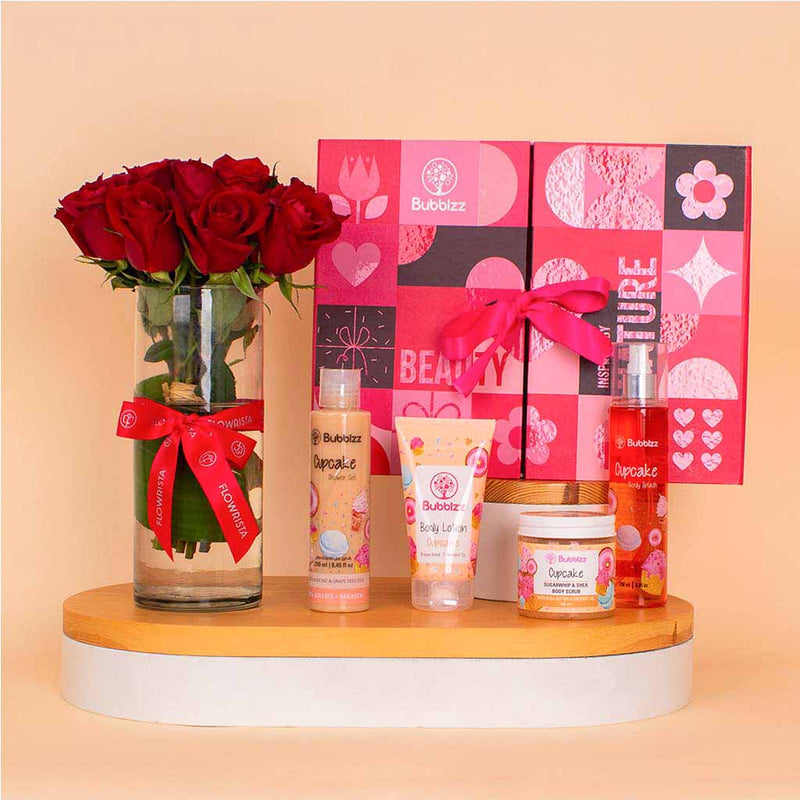 Bubblzz Cupcake Body Care Collection & Red Roses Vase