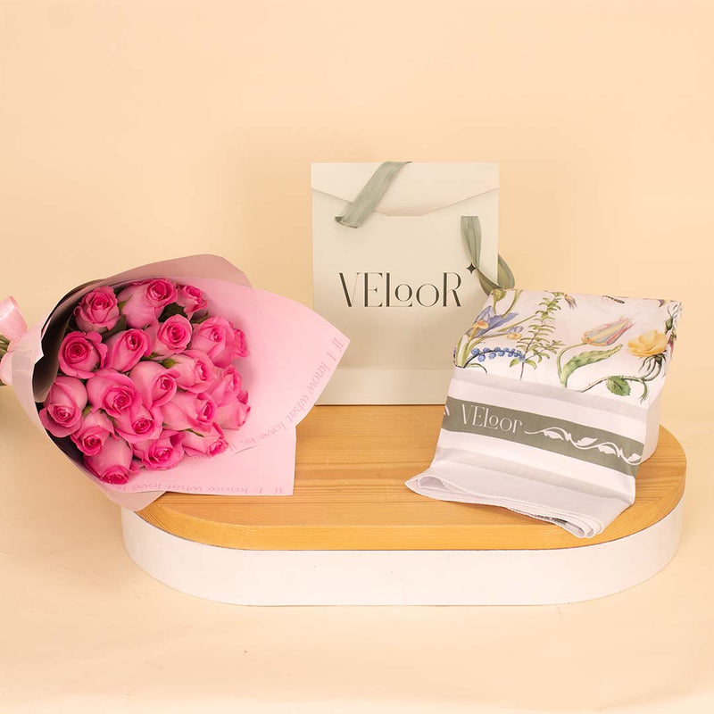Flora Scarf with Hand Bouquet of 20 Pink Roses