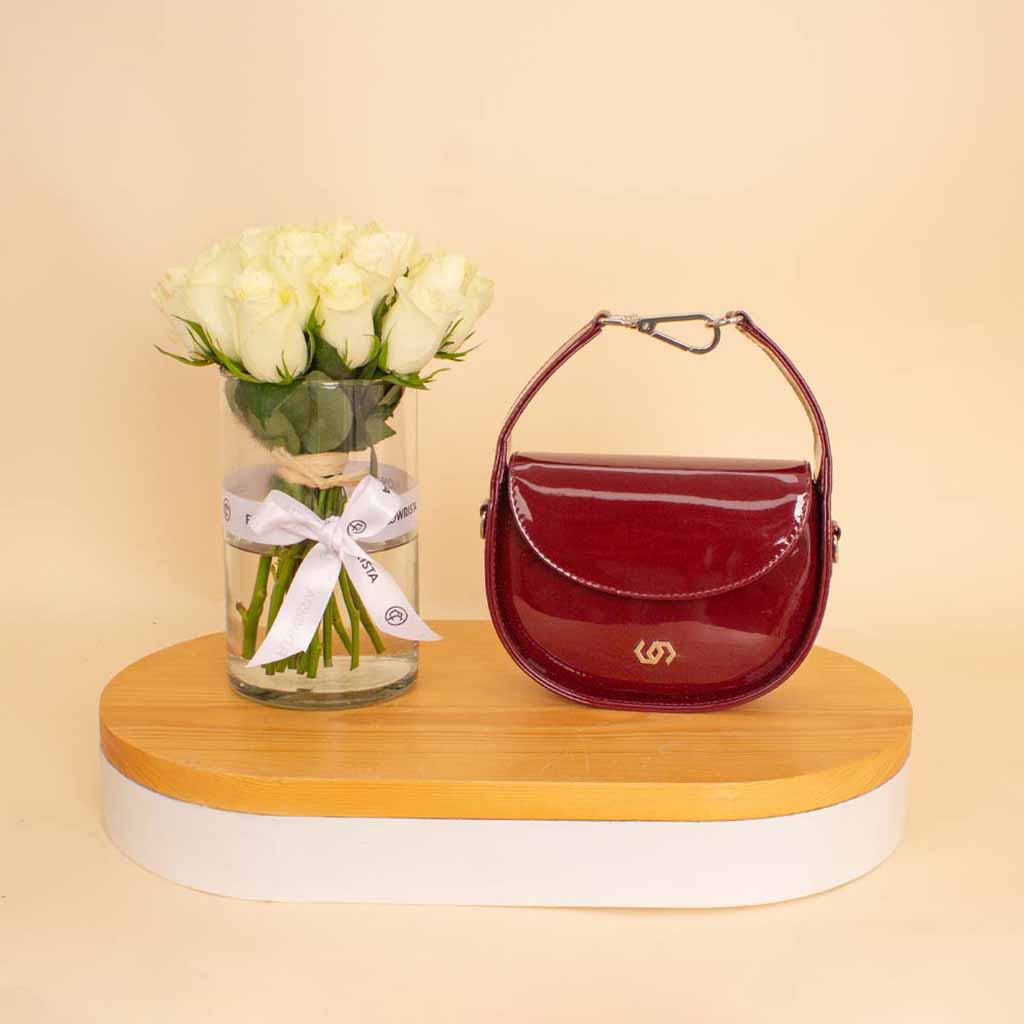 Cocan Half-Moon Bag Burgundy & White Roses Vase