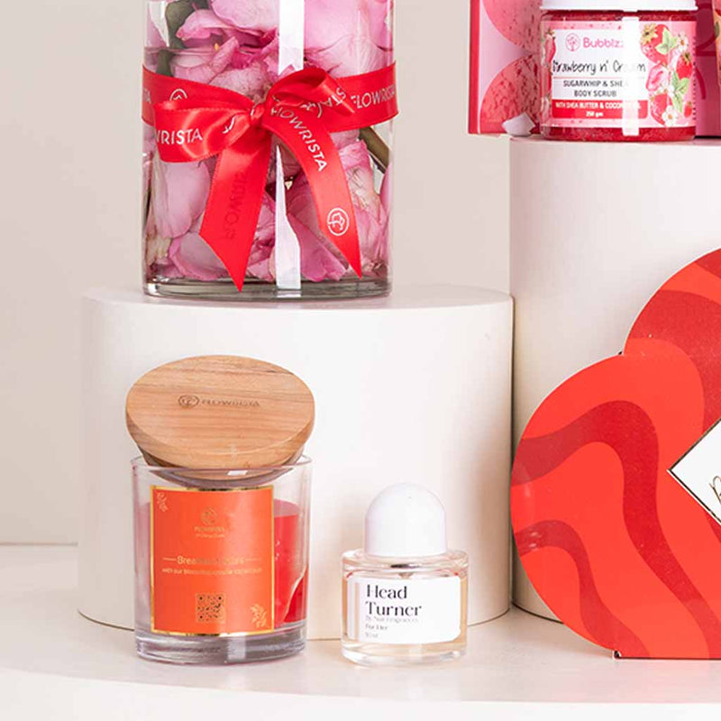 Bubblzz Strawberry Care, Chocolate, Perfume, Candle & Pink Roses Bundle