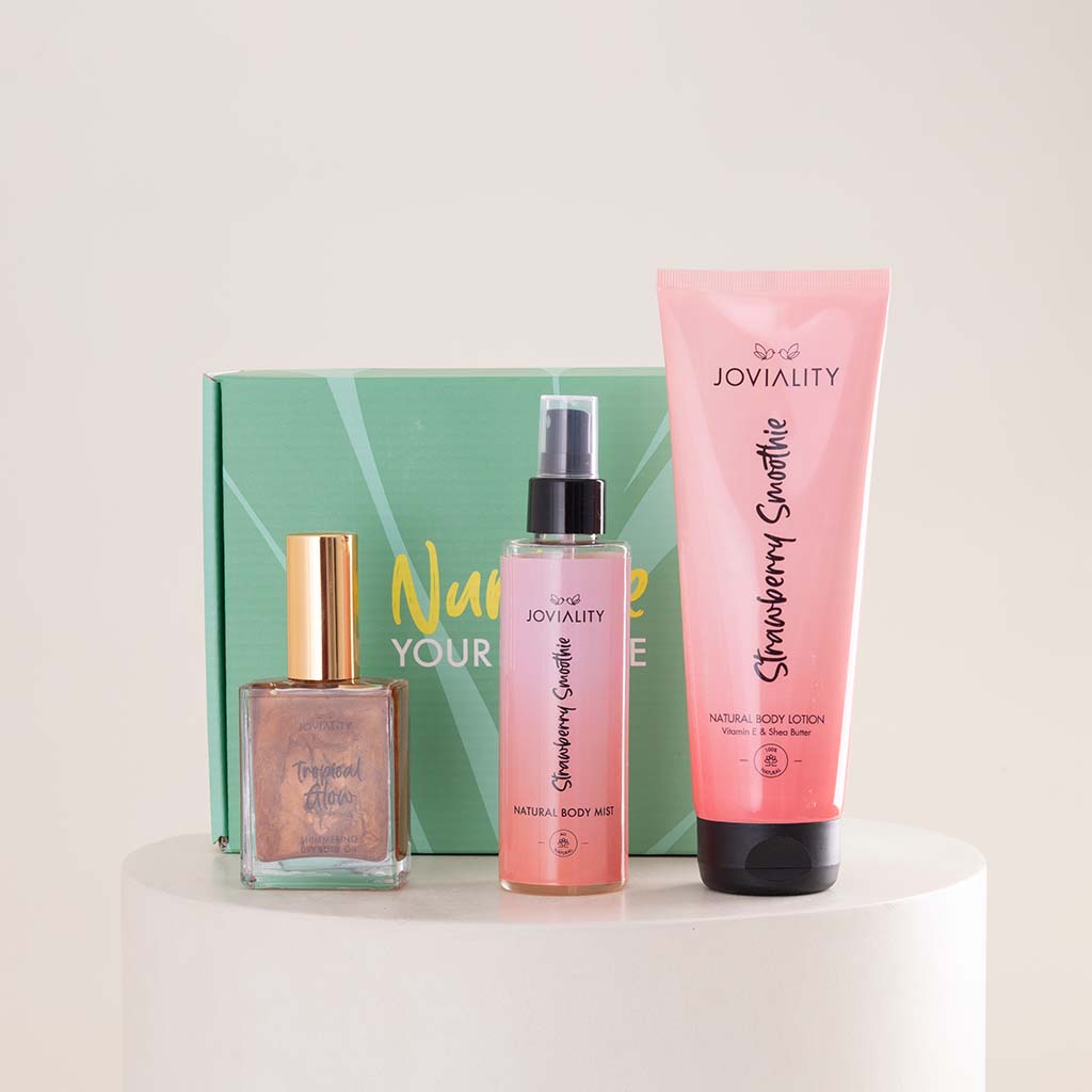 Joviality Strawberry Bronze Body Care Trio & Red Roses Bouquet