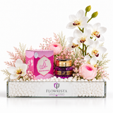 Saher Al Kalmat Bakhour & Maamoul Gift Set with White Orchid & Pink Peony Arrangement