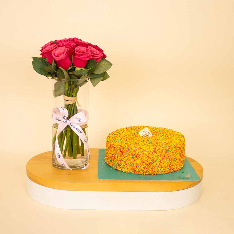 Nola Rainbow Cake & Fuchsia Roses Vase