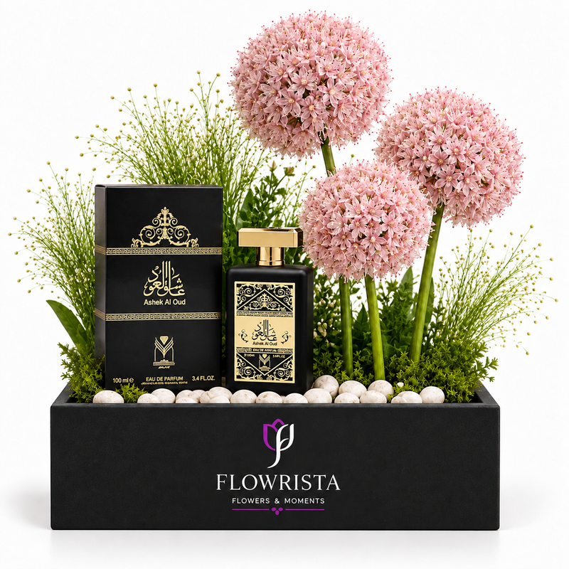 Ashek Al Oud 100ml Perfume with Artificial Pink Allium Flower Arrangement