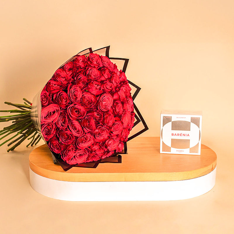 Hermès Barenia Essence 100ml with Hand Bouquet of 50 Red Roses