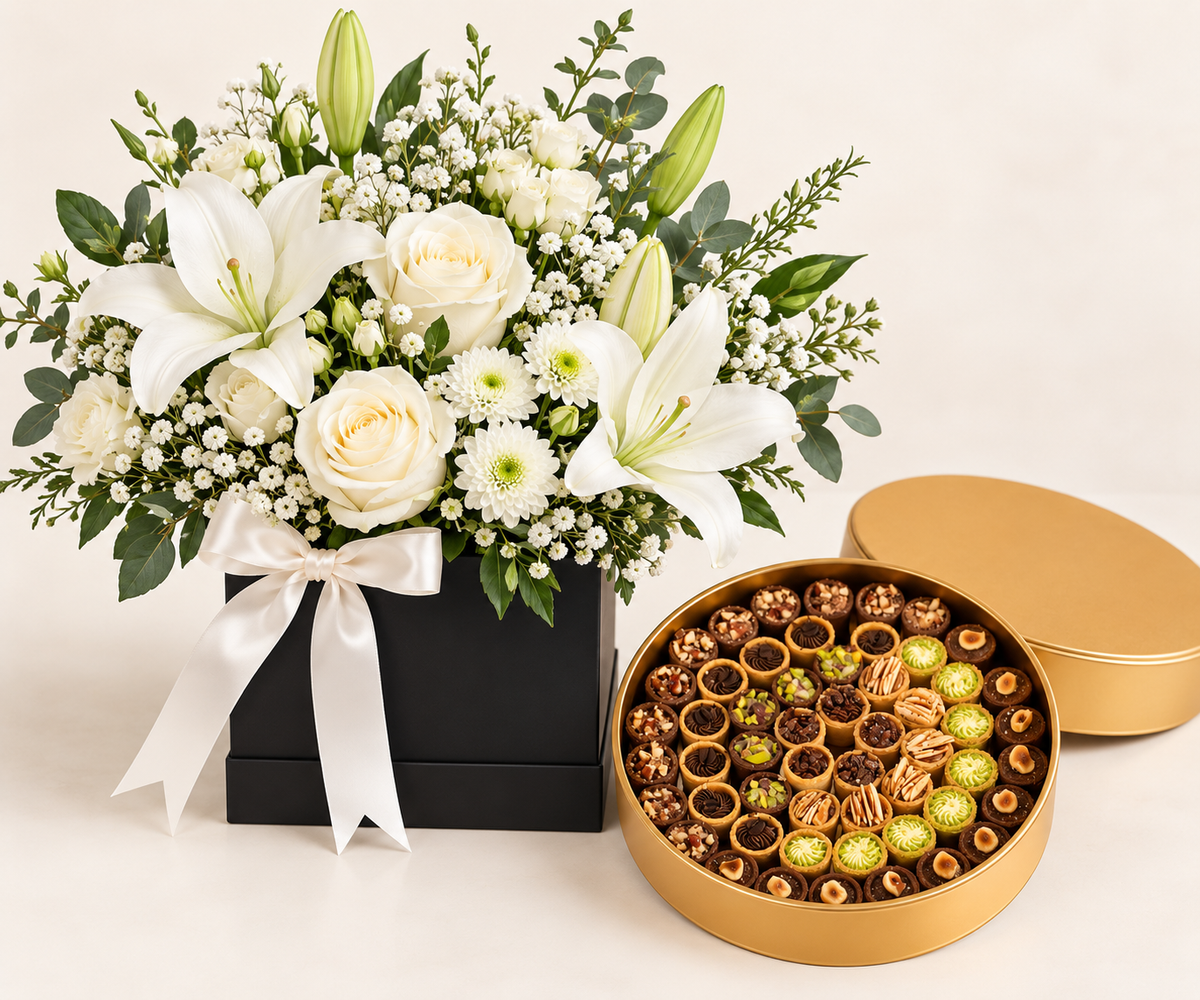 Mini Bitifur Chocolate Box with Flowrista White Flower Arrangement