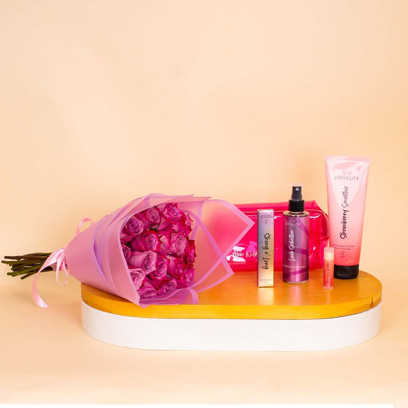 Joviality Strawberry Seduction Kit & Purple Roses Bouquet