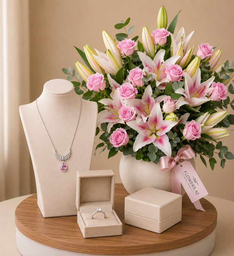 Silvara Angel Wing Necklace & Round Solitaire Ring with Pink Rose & Oriental Lily Vase