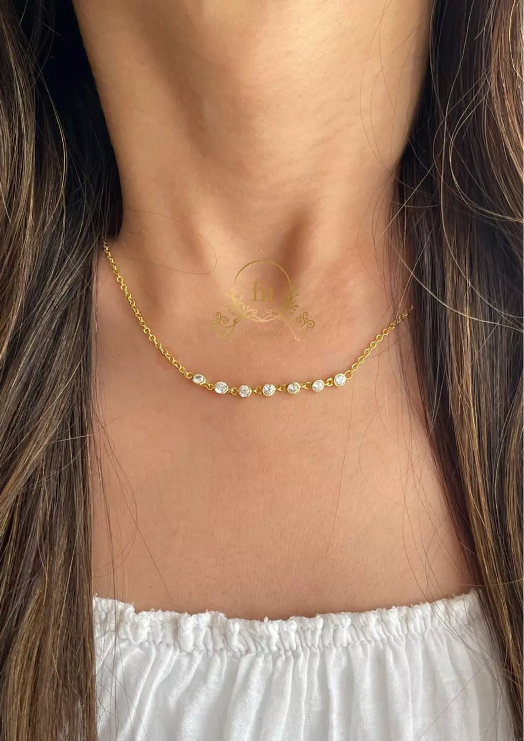 Gold-Plated Silver Necklace with White Zircon Stones | Pink Roses Bouquet