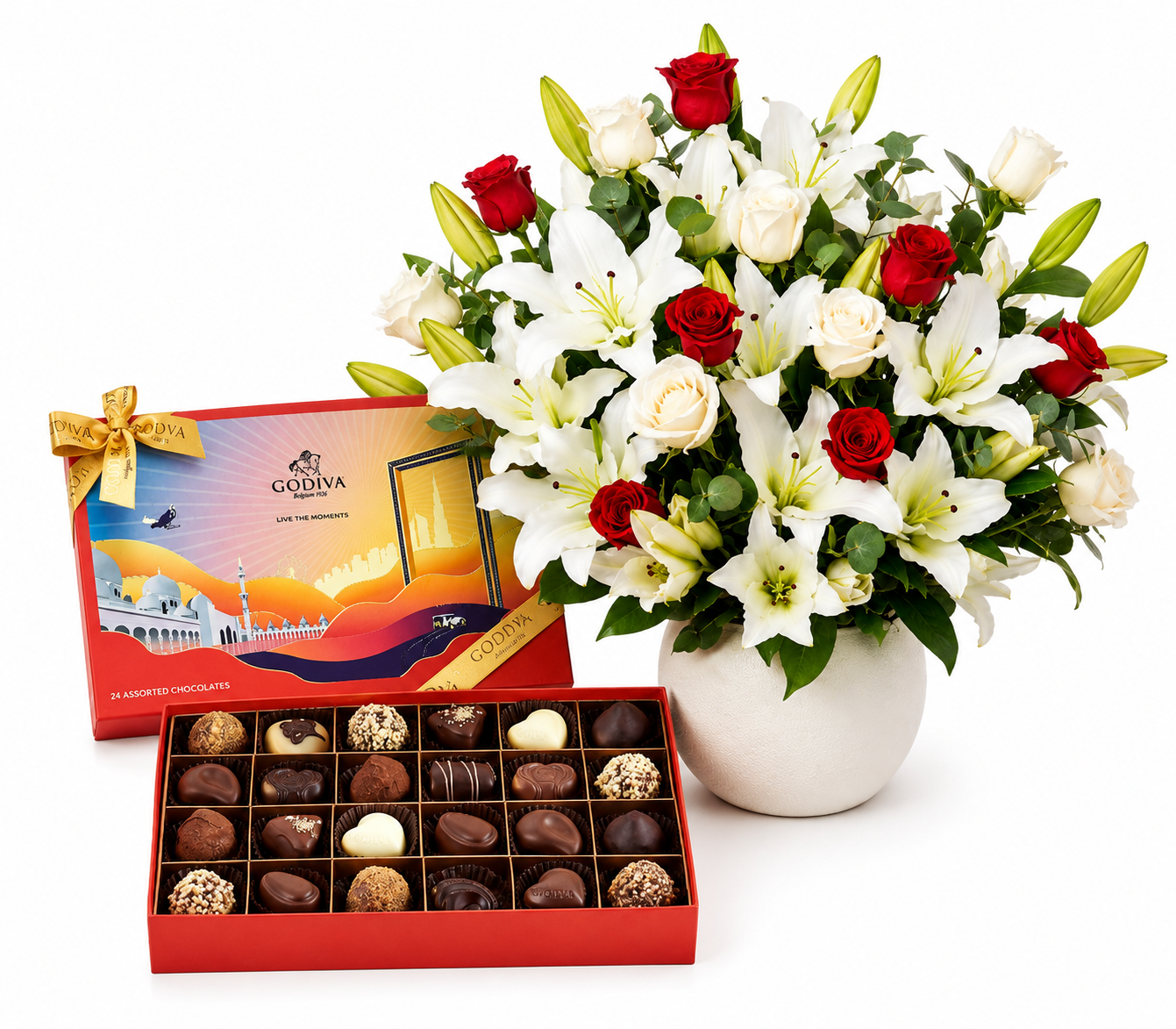 Godiva UAE Edition & White Lilies Vase Arrangement