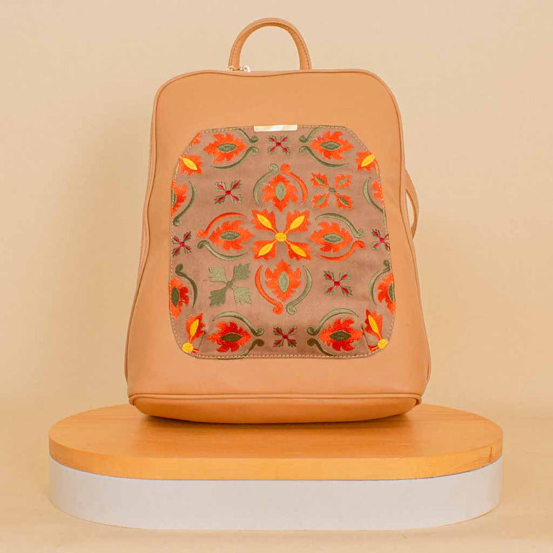 Pavo Laptop Bag with Floral Embroidery - Beige