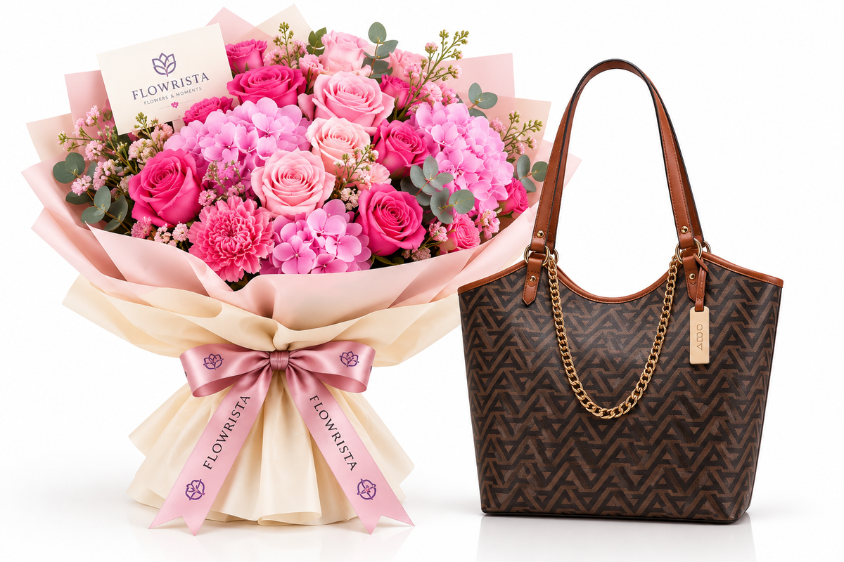 A floral bouquet with pink and magenta flowers wrapped in blush pink paper and a cream ribbon printed with the FLOWRISTA brand name, shown beside a brown monogram tote bag with gold chain detail on a white background.