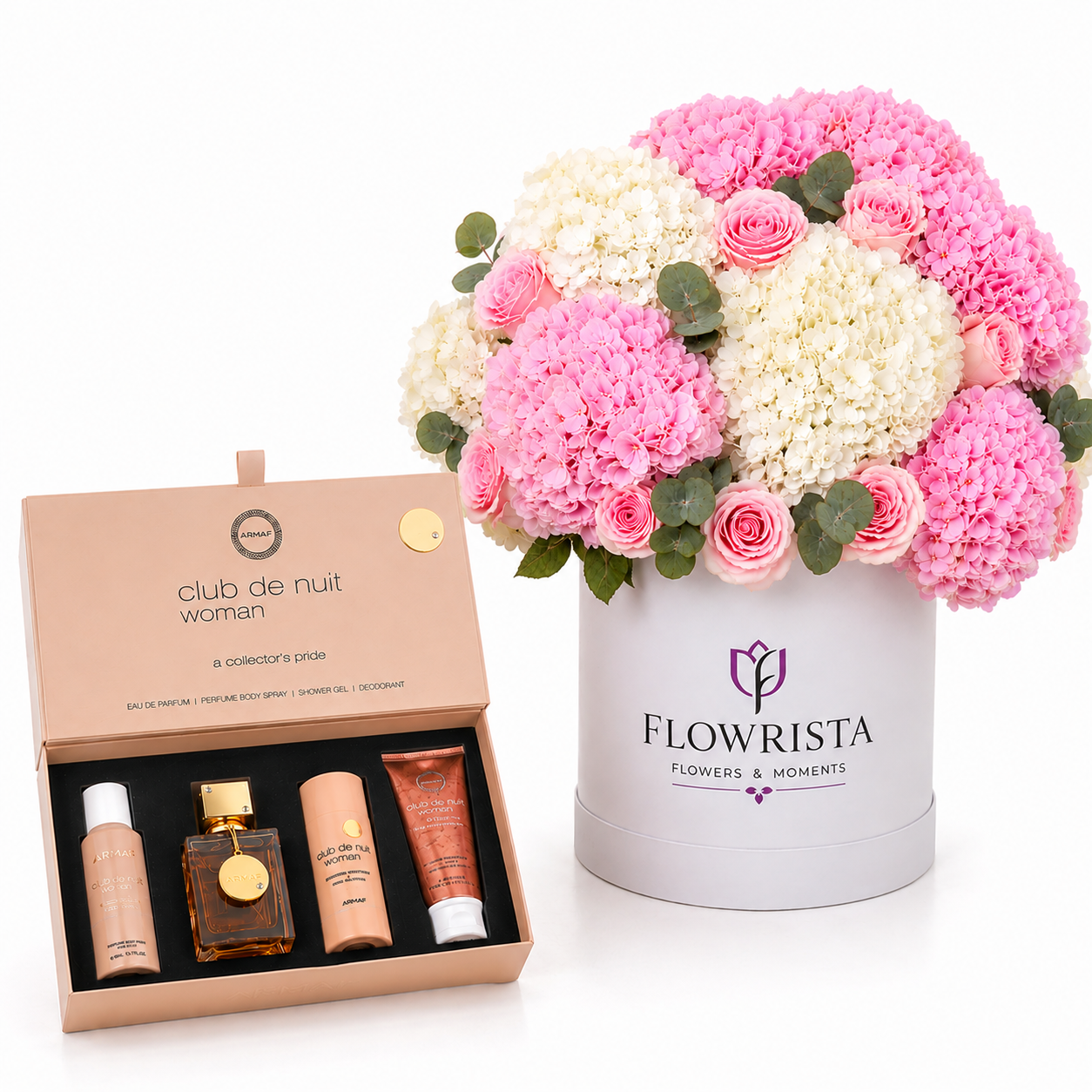 Armaf Club de Nuit Woman 4PC Gift Set & Pink & White Hydrangea Box