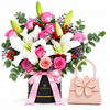 Flowrista lily and rose box with AZRA pink top handle bag gift set