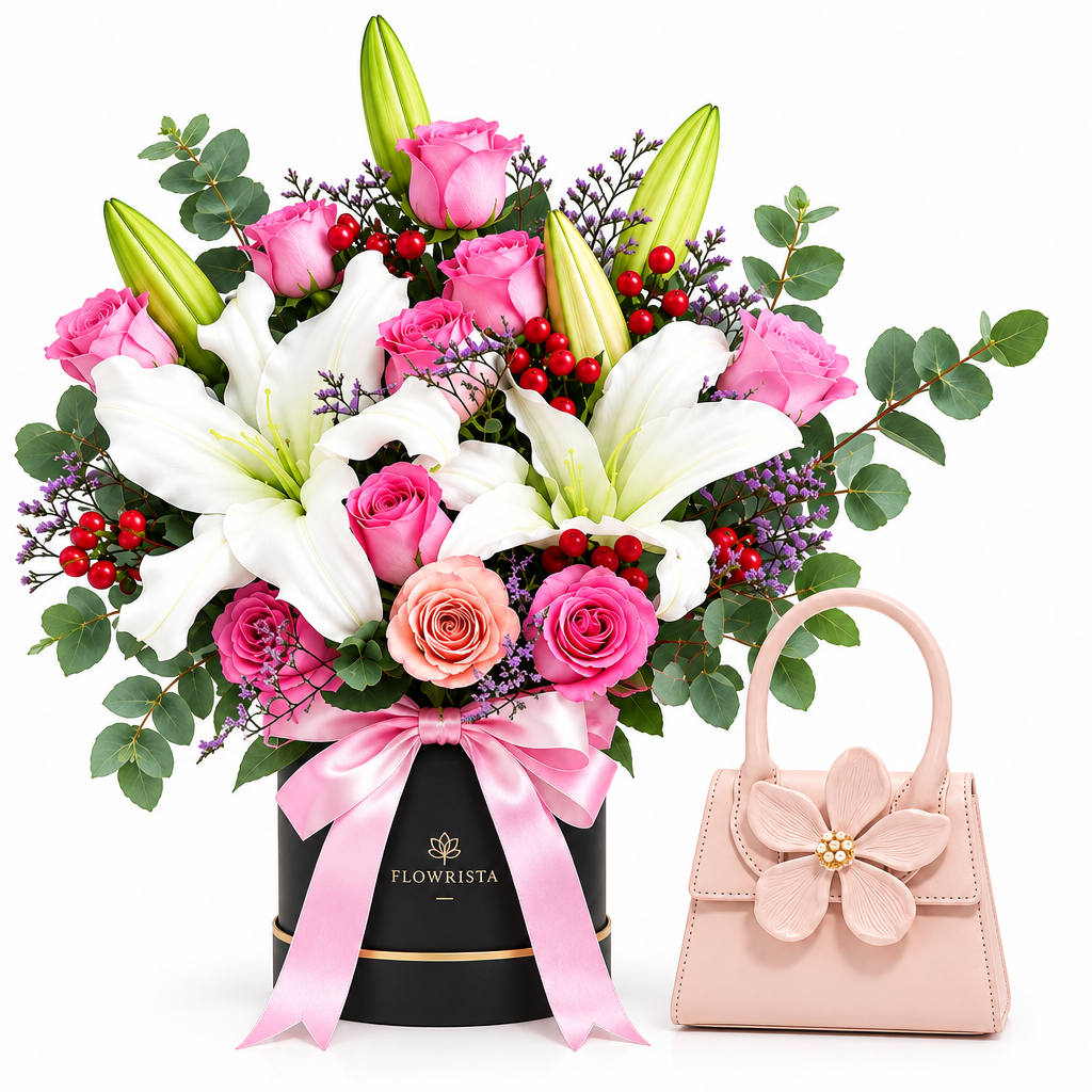 Flowrista lily and rose box with AZRA pink top handle bag gift set