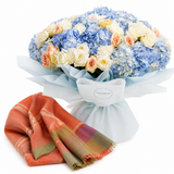 Mango Orange Wool Checked Scarf with Flowrista Blue Hydrangeas, Peach & White Roses Bouquet