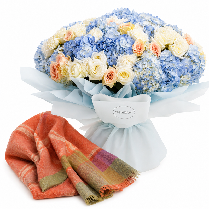 Mango Orange Wool Checked Scarf with Flowrista Blue Hydrangeas, Peach & White Roses Bouquet