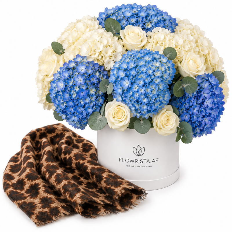 Mango Chocolate Leopard Print Foulard with Flowrista Blue & White Hydrangeas Hat Box