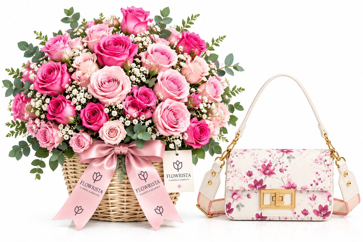 A large pink rose flower bouquet in a wicker basket with a pink ribbon bow and tags, displayed next to a white floral shoulder handbag with gold hardware on a clean white background. The tags show the brand name FLOWPISTA.