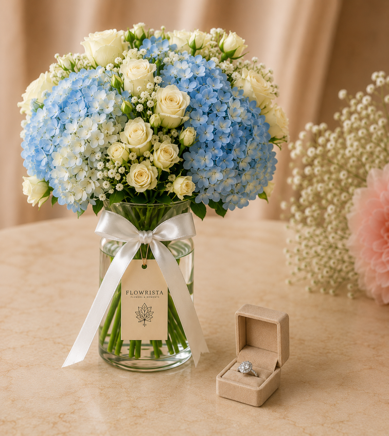 Silvara Pear-Cut Solitaire & Bow Band Ring Set with Blue Hydrangea & White Rose Vase