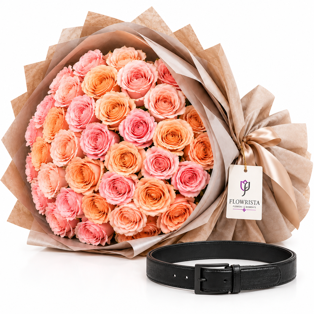 Flowrista peach and pink rose bouquet with ALDO black belt gift set