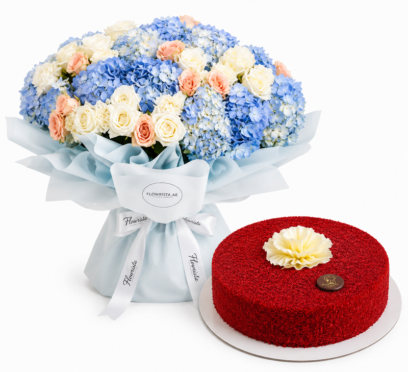 Flowrista x Mister Baker – Blue Hydrangea Bouquet & Red Velvet Cake