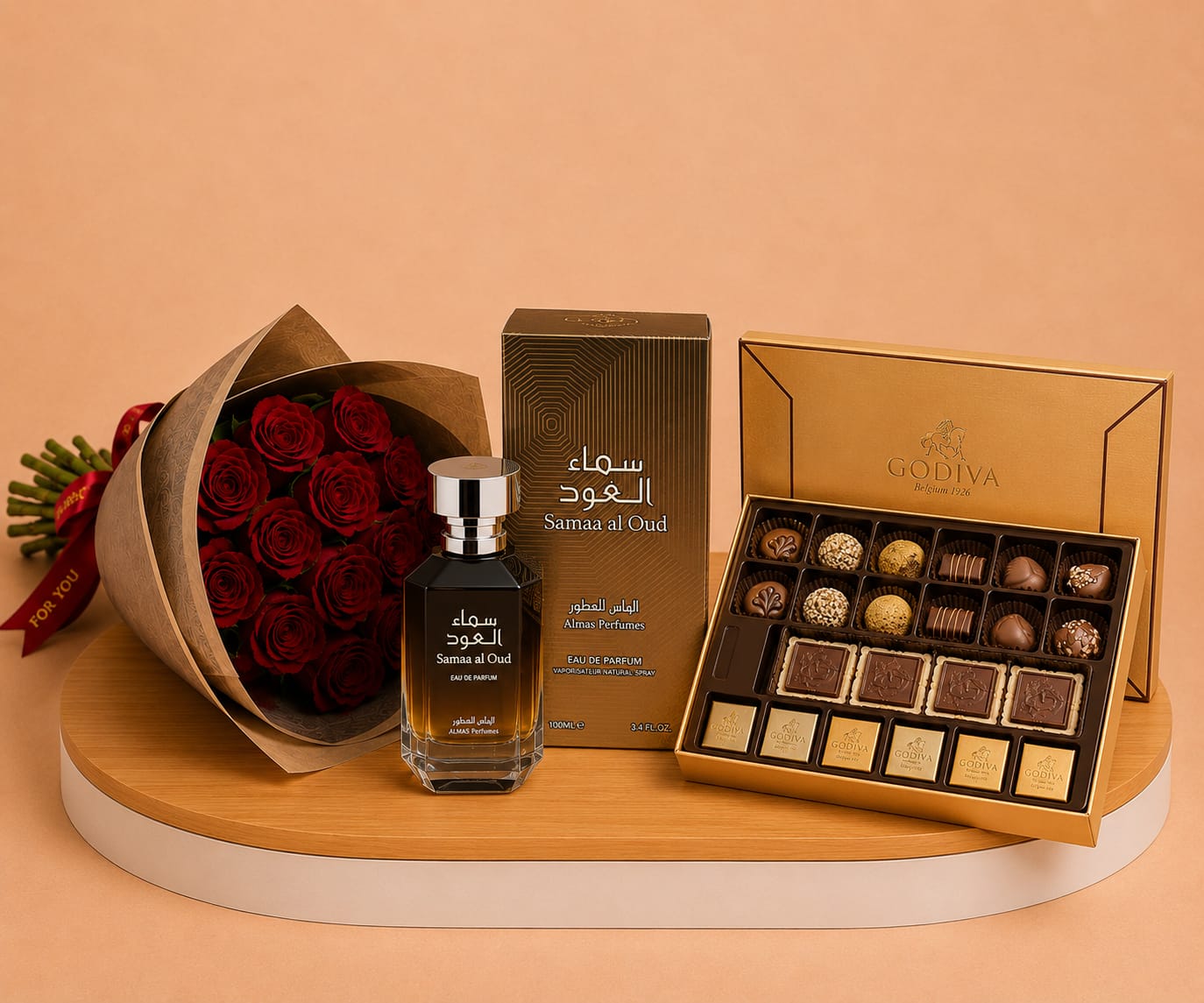 علبة شوكولاتة باشونيل فاخرة مع 15 وردة حمراء وعطر سيوا بطبقات الفستق 50 مل