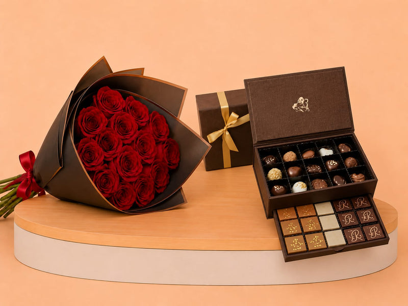 Godiva Royal Gift Box 45pcs & 15 Red Roses Bouquet