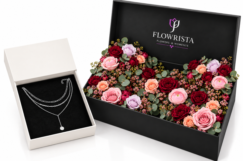 A luxury gift set from Flowrista featuring a silver layered necklace in an open white box alongside a large black box filled with preserved roses and flowers.