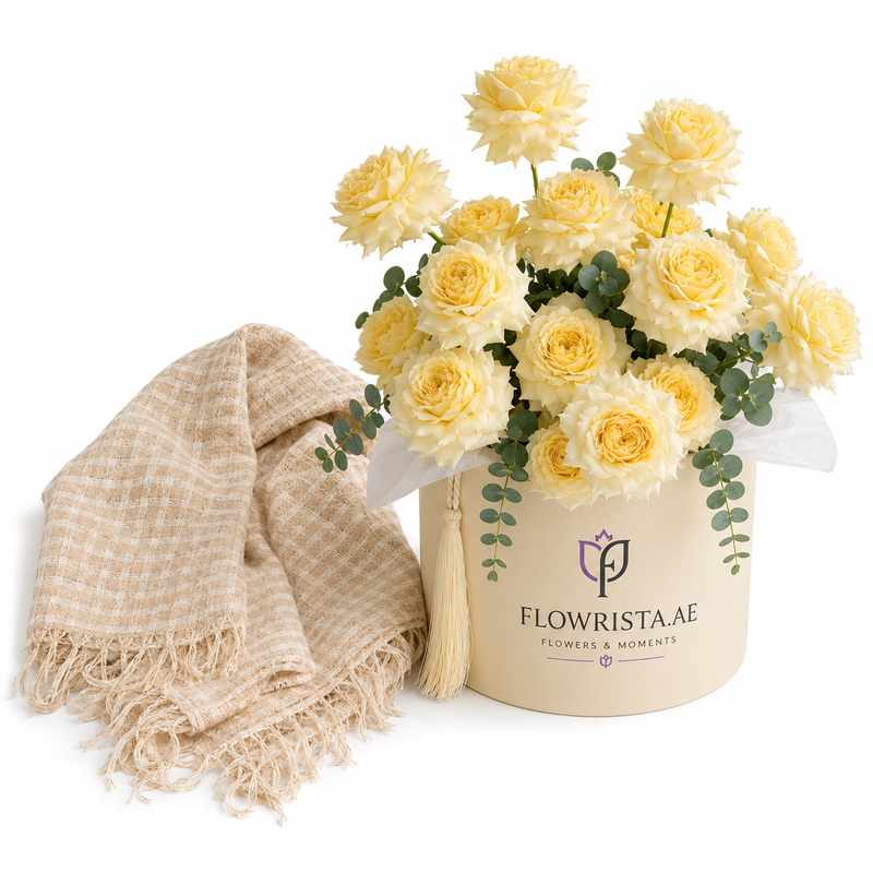 Mango Cotton Foulard with Fringes & Flowrista Cream Roses Hat Box