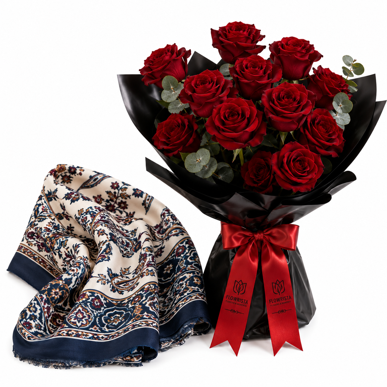 Mango Navy Paisley Print Scarf with Flowrista Red Roses Black Bouquet
