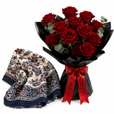 Mango Navy Paisley Print Scarf with Flowrista Red Roses Black Bouquet