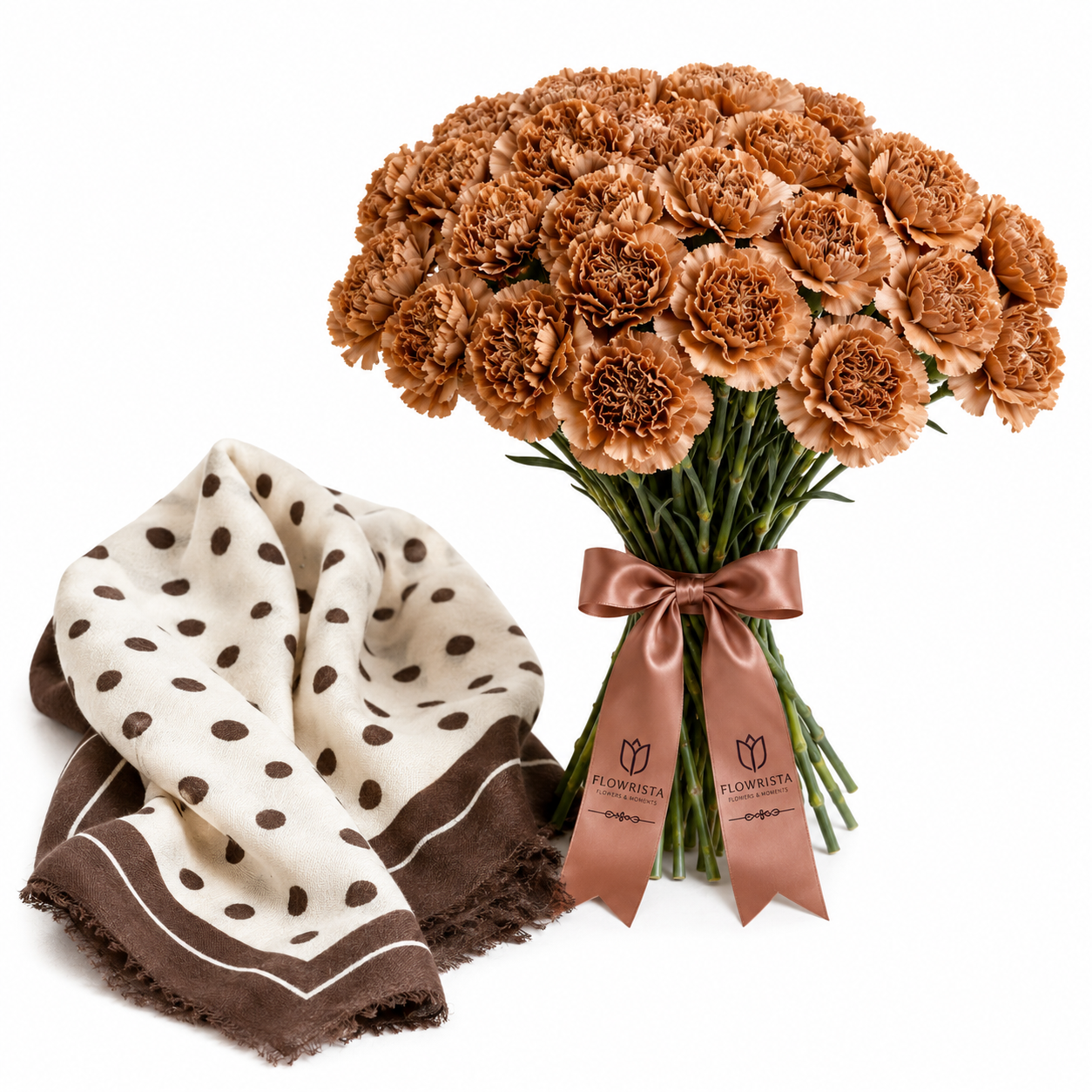 Mango Chocolate Spots Print Scarf with Flowrista Brown Carnations Bouquet