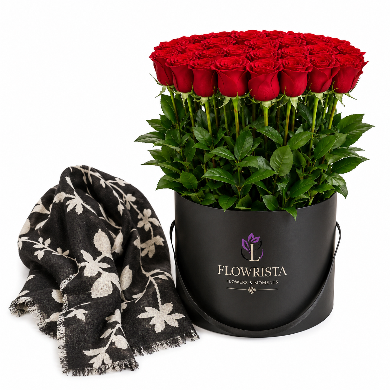 Mango Black Floral Printed Scarf with Flowrista 30 Red Roses Black Hat Box