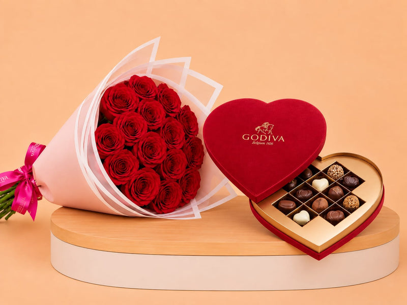 Godiva Velvet Heart Gift Box & 15 Red Roses Bouquet
