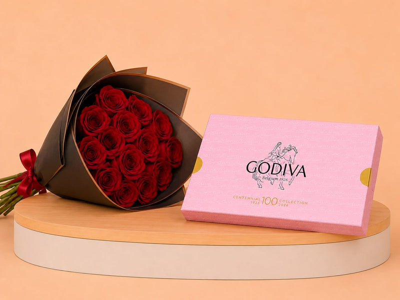 Godiva Centennial Collection & 15 Red Roses Bouquet