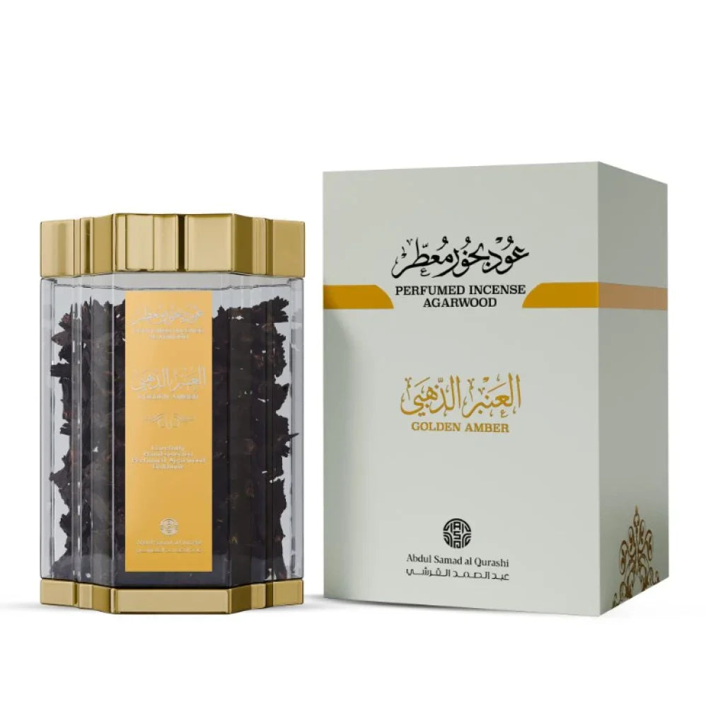 Perfumed incense packaging with gold and white design on a white background