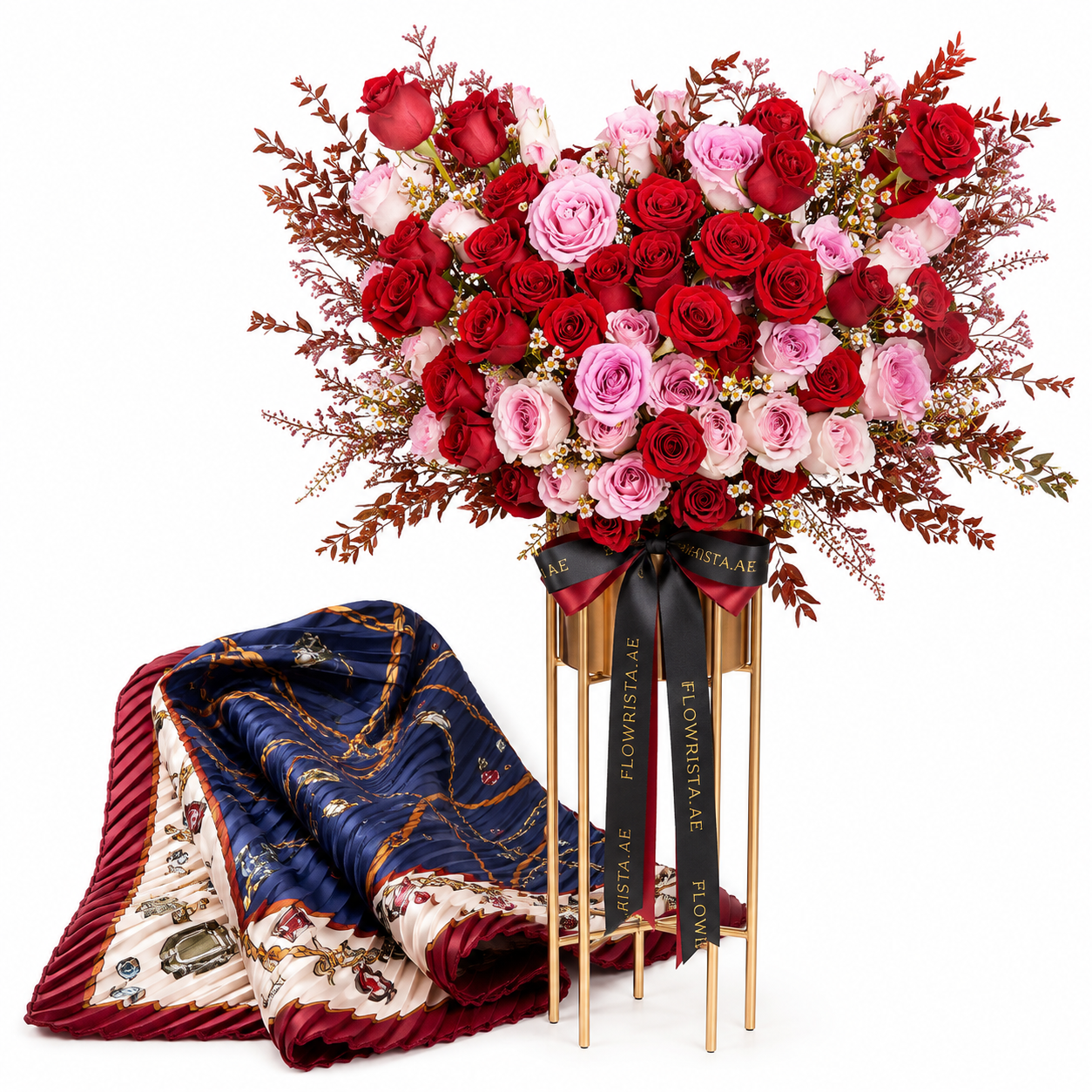 Mango Purple Printed Pleated Scarf with Flowrista Red & Pink Roses Heart Stand