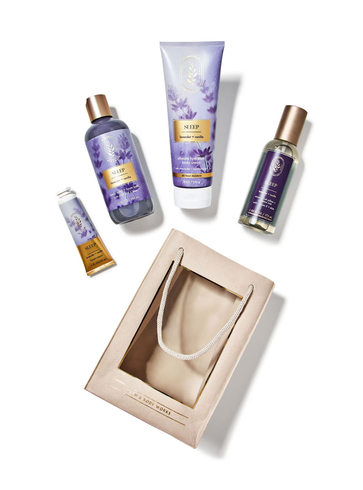 Set of lavender-themed skincare products including a bottle, tube, and small bottles on a white background.