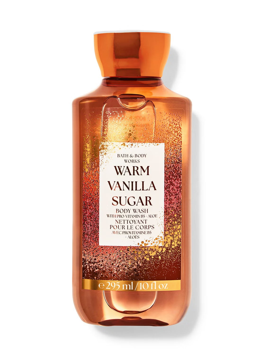 A bottle of Bath & Body Works Warm Vanilla Sugar body wash, featuring a translucent amber-orange bottle with a gold glitter pattern and a white label in the center, set against a plain white background.