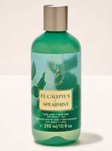 A bottle of Bath Body Works Eucalyptus + Spearmint body wash and foam bath in a translucent green bottle with a metallic gold cap, set against a plain off-white background.
