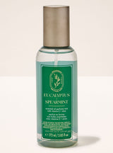 A bottle of Eucalyptus Spearmint essential oil perfume mist by The Scent Shop. The bottle is made of clear plastic showing a light teal liquid inside, with a green label and a metallic silver cap, set against a plain off-white background.