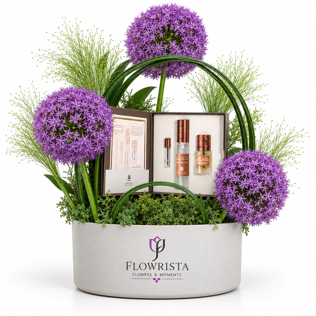 Shop Safari Body Musk Half Tola + 30ml Spray by Abdul Samad Al Qurashi with purple allium flowers in a Flowrista white tray. Luxury gift delivery in Dubai.